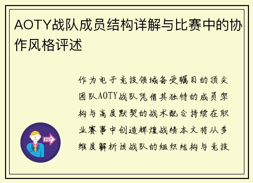 AOTY战队成员结构详解与比赛中的协作风格评述