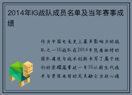 2014年IG战队成员名单及当年赛事成绩